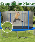 Trampoline secured with 12 Inch Rebar Stakes 20 Pack J Hook Ground Stakes Pro Grade Heavy Duty Galvanized Anchors