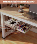 Slick Two Pack Under Desk Drawers With Smooth Glide Action, clear PET build holding stationery and gadgets, organized under a desk.