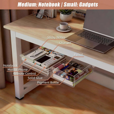 Slick Two Pack Under Desk Drawers With Smooth Glide Action, clear PET build holding stationery and gadgets, organized under a desk.