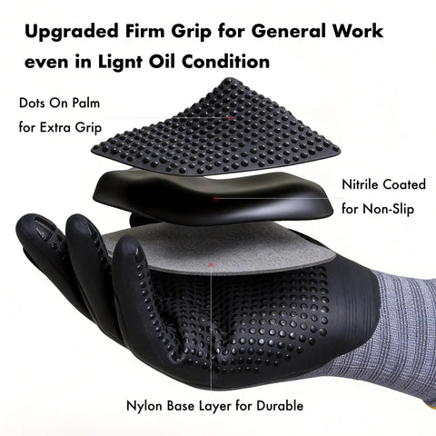 MicroFoam Nitrile Coated Work Gloves With Micro Dots For Superior Grip In Dry, Wet, And Light Oil Conditions, Gray, Size M, showing layers