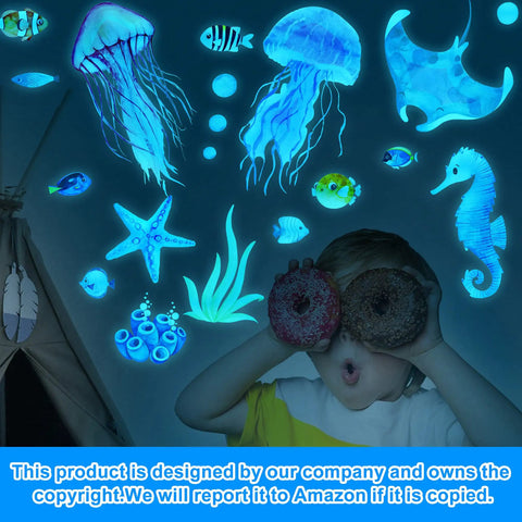 Glow In The Dark Ocean Wall Decals Set With Sea Life Stickers Waterproof Peel And Stick For Boys Kids Bathroom Decor Under The Sea Watercolor Ocean Creatures Upgrade glowing in a child's room