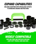 21 Piece Ball Joint Press Kit With Puller And U Joint Adapters For Upper And Lower Ball Joints Brake Pins And More Pro Grade Automotive Tool Set For 2 Wheel Drive And Four Wheel Drive Vehicles displayed on white background with green C-frame and adapters