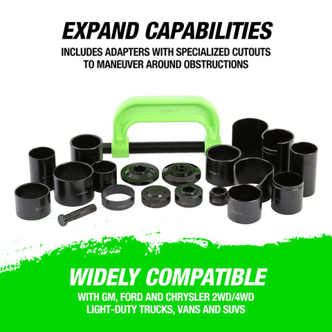 21 Piece Ball Joint Press Kit With Puller And U Joint Adapters For Upper And Lower Ball Joints Brake Pins And More Pro Grade Automotive Tool Set For 2 Wheel Drive And Four Wheel Drive Vehicles displayed on white background with green C-frame and adapters