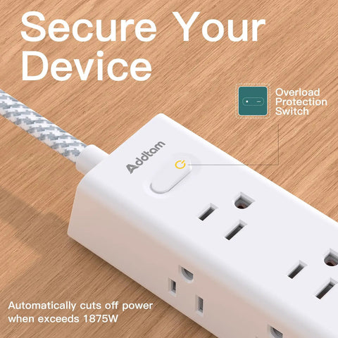 Power Strip With 12 Wide Outlets And 4 USB Ports, 10 Ft Flat Plug Extension Cord, wall mountable surge protector close-up
