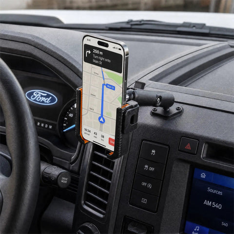 1 Inch Ball Screw Mount Phone Holder For Boat Car Truck And Desktop With Long Arm For Unobstructed Camera View, Ideal For Recording On Water Or Road, Durable Aluminum Build, Secure Grip, Easy Adjustments mounted on a Ford dashboard with phone