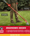 Person using Rotary Cultivator With Detachable Tines And Long Handle For Aerating Soil, Weeding, Cultivating, And Lawn Reseeding, Back Friendly Heavy Duty Garden Tool For Quick Soil Loosening on grass