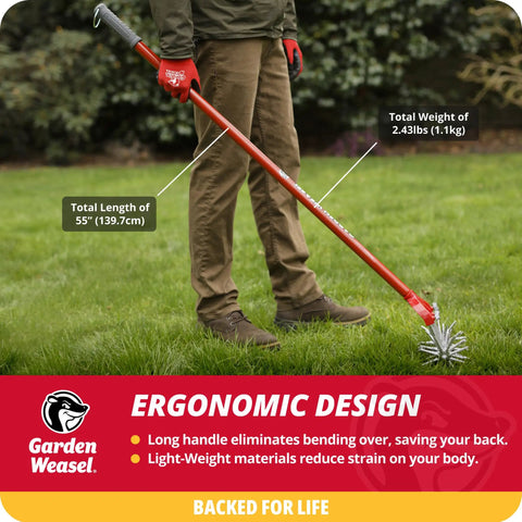 Person using Rotary Cultivator With Detachable Tines And Long Handle For Aerating Soil, Weeding, Cultivating, And Lawn Reseeding, Back Friendly Heavy Duty Garden Tool For Quick Soil Loosening on grass