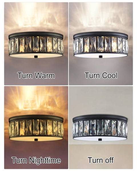 Crystal K9 Farmhouse Drum Semi Flush Mount Ceiling Light With Black Finish, showing warm, cool, nighttime, and off lighting modes.