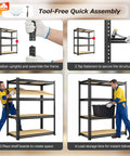 Two Pack Adjustable Garage Shelves With Side By Side Design Deliver 71 Inch Wide Storage For Garage Pantry And Kitchen Heavy Duty Build Perfect For 18 Gallon Storage Boxes Five Gallon Buckets Spare Tires Moving Boxes And More, tool-free assembly steps