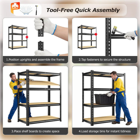 Two Pack Adjustable Garage Shelves With Side By Side Design Deliver 71 Inch Wide Storage For Garage Pantry And Kitchen Heavy Duty Build Perfect For 18 Gallon Storage Boxes Five Gallon Buckets Spare Tires Moving Boxes And More, tool-free assembly steps