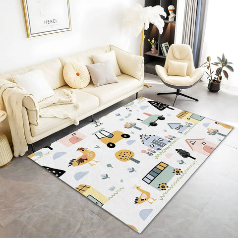 Machine Washable 4x6 Ft Large Area Rug Cartoon Farm Tractor Design Ultra Soft Cozy Low Pile For Living Room Or Bedroom White Non Slip Floor Carpet Kid Family Pet Friendly Home Decor in a modern living room setting with beige sofa and armchair.