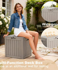 Woman sitting on 30 Gallon Outdoor Deck Box Lockable Waterproof Storage For Garden Tools Cushions And Pool Accessories Weatherproof Resin Container With Durable Lid And Easy Access For Patio Gear Grey