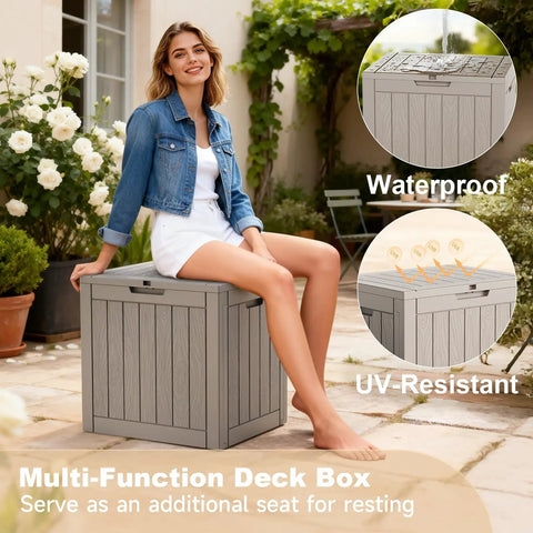 Woman sitting on 30 Gallon Outdoor Deck Box Lockable Waterproof Storage For Garden Tools Cushions And Pool Accessories Weatherproof Resin Container With Durable Lid And Easy Access For Patio Gear Grey