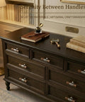 Killer Combo Solid Brass And Dark Walnut Wood T Bar Cabinet Knobs With Hefty Drawer Pulls For Modern Rustic Kitchen Cabinets And Bath Vanity Interior Hardware on a dresser.