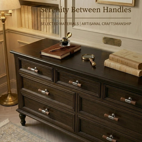 Killer Combo Solid Brass And Dark Walnut Wood T Bar Cabinet Knobs With Hefty Drawer Pulls For Modern Rustic Kitchen Cabinets And Bath Vanity Interior Hardware on a dresser.