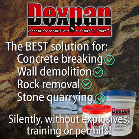 Expansive Demolition Grout 44 Lb Box For Rock Breaking And Concrete Cutting, shown with text about silent rock and concrete removal