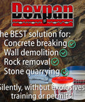 Image of Dexpan containers for concrete breaking and rock removal, promoting no explosives needed, featuring the product logo and uses.