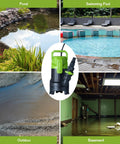 Image showing 3/4 HP submersible sump pump for quick pool draining, basement flood cleanup, yard water removal with 3430 GPH flow.