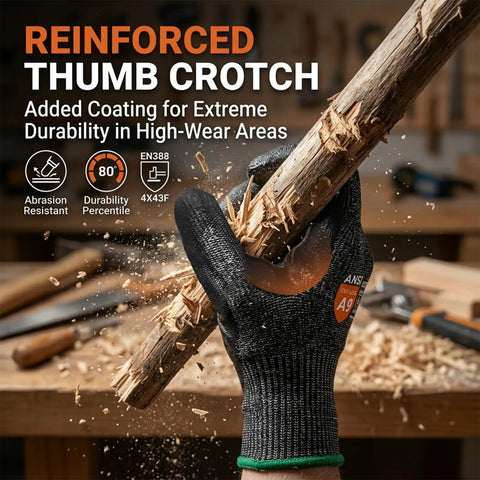 Tough as Nails A9 Cut Resistant Work Gloves For Men, ANSI Level 9 Protection, demonstrating reinforced thumb grip on wood.