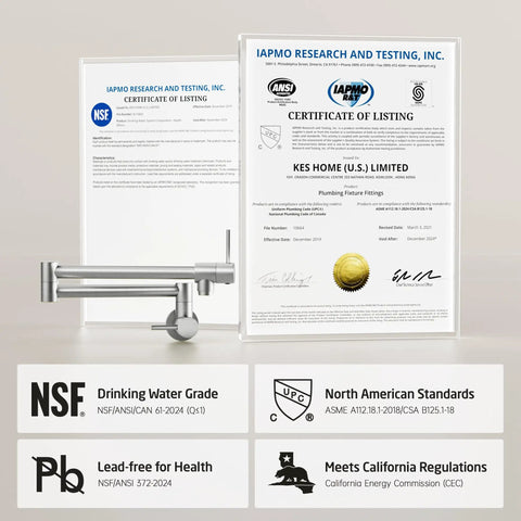 Double Joint Swing Arm Pot Filler Faucet With Wall Mount Folding Kitchen Spout No Lead Stainless Steel Brushed Nickel Finish Two Handle Design NSF Certified Built To Last with certification documents.
