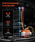 AC Vacuum Pump With Gauge Set 4.5 CFM One Third HP Single Stage Rotary Vane HVAC Kit And Manifold Gauge For R134a R22 R410a R1234YF R32 With Carry Bag For Auto Air Conditioning DIY Friendly, car engine bay setup