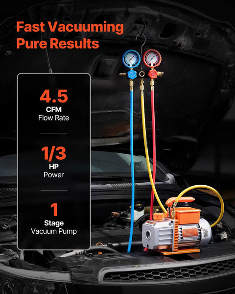 AC Vacuum Pump With Gauge Set 4.5 CFM One Third HP Single Stage Rotary Vane HVAC Kit And Manifold Gauge For R134a R22 R410a R1234YF R32 With Carry Bag For Auto Air Conditioning DIY Friendly, car engine bay setup