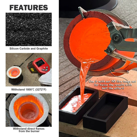 Heavy Duty Graphite Crucible With Smooth Pouring Spout For Melting Aluminum Up To 1800 C heat resistant pot pouring molten metal.