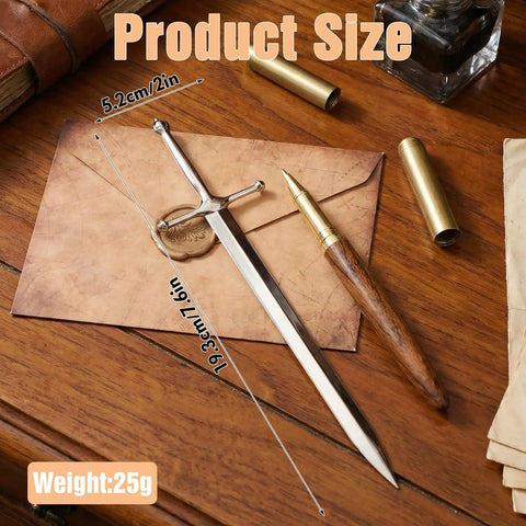 Vintage Sword Style Letter Opener For Envelopes And Mail With Slick Precision Slitter And Ergonomic Silver Handle on a desk