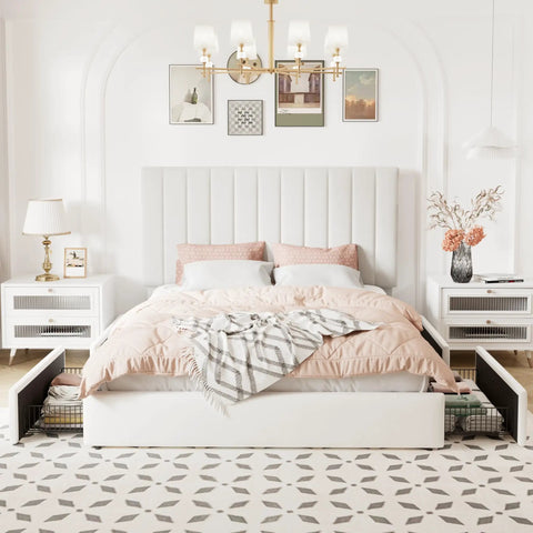 Hella Spacious Full Size Storage Bed Frame With Super Plush Velvet Upholstery And Adjustable Tufted Headboard Plus Four Massive Rolling Drawers For Zero Box Spring Hassle In Crisp White, elegant bedroom setup.