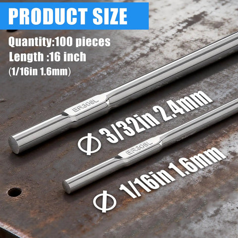 ER308L Stainless Steel TIG Welding Rod One Sixteenth By Sixteen Inch Filler Rod displayed with measurements on metal surface