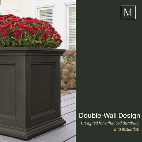 No-Fuss Self-Watering 20-Inch Square Planter for Outdoors, Weather-Resistant Flower Box shown on a patio with red flowers