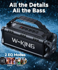 90W Peak Portable Bluetooth Speaker With Beastly Bass Subwoofers And Punchy HD Sound, IPX6 Waterproof, 40 Hour Playtime, EQ, Dual Pairing, TF Card And Aux, Outdoor Party Boombox For Beach Jobsite And Backyard on a blue background.