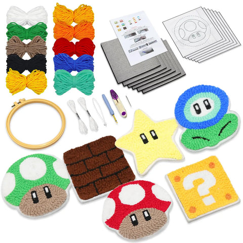 Punch Needle Coaster Kit For Easy DIY Embroidery 6 Piece All In One Set With Fun Patterns Tools Yarns Hoop Instructions Coaster Holder