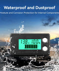 Waterproof Battery Monitor For 12V To 72V Systems With LCD Display And Green Backlight Voltage And Capacity Tester in water spray setting