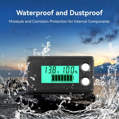 Waterproof Battery Monitor For 12V To 72V Systems With LCD Display And Green Backlight Voltage And Capacity Tester in water spray setting