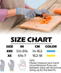 Person wearing kids cut-resistant gloves slicing carrots with knife, size chart for XXS and XS included.