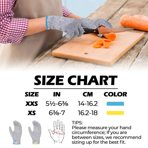 Person wearing kids cut-resistant gloves slicing carrots with knife, size chart for XXS and XS included.