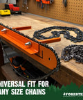 Rock Solid Chainsaw Filing Vise For Fast Safe Sharpening With A Secure Clamp Universal Fit And Durable Steel Construction 17.5 Inch Bar Length Bench Mount Or Portable Saw Tool, orange steel vise on workbench with chains
