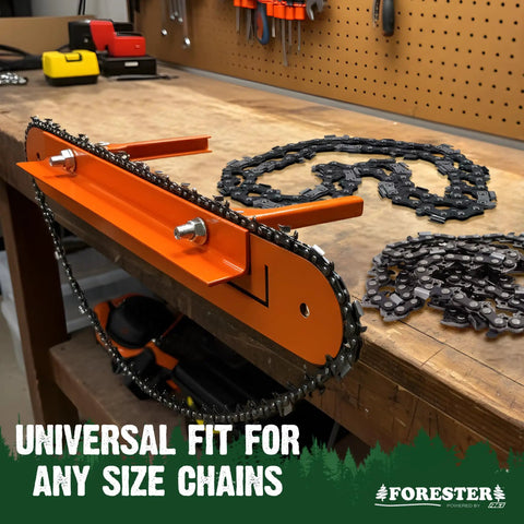 Rock Solid Chainsaw Filing Vise For Fast Safe Sharpening With A Secure Clamp Universal Fit And Durable Steel Construction 17.5 Inch Bar Length Bench Mount Or Portable Saw Tool, orange steel vise on workbench with chains