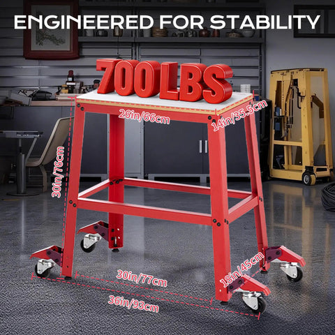Heavy Duty Rolling Tool Platform With Smooth Glide Casters Universal Mobile Work Bench Stand displaying 700 lbs capacity and dimensions.