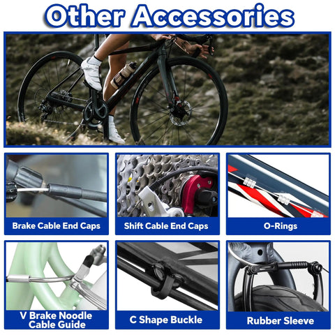 Image showing accessories in 103 Piece Universal Bike Brake And Shift Cable Kit With Stainless Line Cutter Including Brake Cables and End Caps.