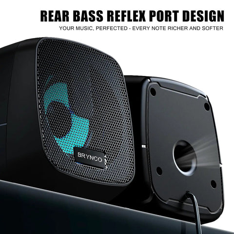 2.0 Stereo USB Powered Desktop Speakers with 3.5mm AUX In Line Volume Control and LED Lights showcasing rear bass reflex port design