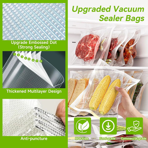 Premium Vacuum Sealer Bags 6 Pack With 3 Rolls 11x20 And 3 Rolls 8x20 BPA Free in use for food storage in fridge
