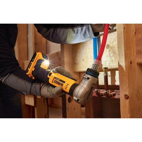 20V Max PEX Expander Tool Kit for 1 Inch Tubing with automatic rotating head in use, showing LED work light.