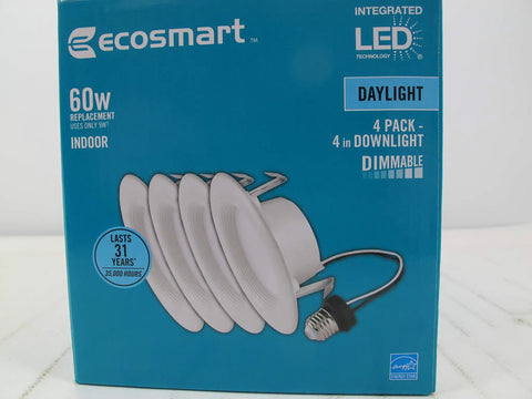 4 Inch White Led Recessed Light Trim 4 Pack 5000K Daylight Can Bulb Upgrade Dimmable, shown on packaging box.