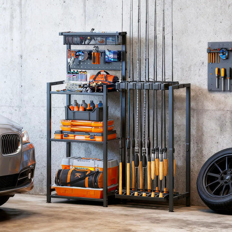 Freestanding Fishing Rod Rack With 3 Tier Shelves And Pegboard Basket Heavy Duty Pole Holders For Garage Holds Up To 12 Rods Scratch Resistant Slots Black