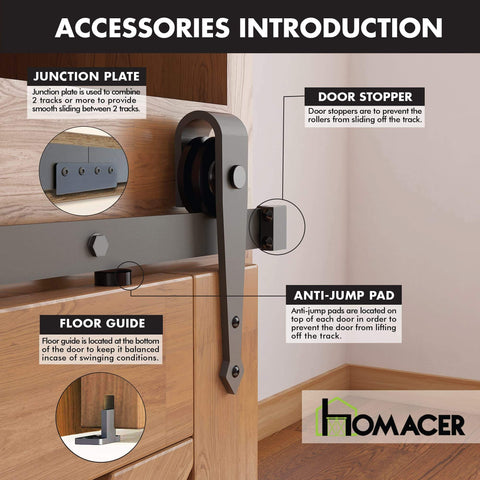 Mini Black Rustic Sliding Barn Door Hardware Kit For Two Doors, 66 Inch Flat Track With Arrow Rollers, Non Bypass Design, accessory components shown