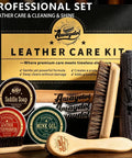 Premium Eleven Piece Leather Care Kit With Horsehair Brushes Rich Saddle Soap Conditioning Mink Oil Waterproofing Wax Soft Polishing Cloths And Microfiber Pads showcasing saddle soap, mink oil, waterproofing wax, and cleaning brushes.