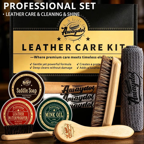 Premium Eleven Piece Leather Care Kit With Horsehair Brushes Rich Saddle Soap Conditioning Mink Oil Waterproofing Wax Soft Polishing Cloths And Microfiber Pads showcasing saddle soap, mink oil, waterproofing wax, and cleaning brushes.