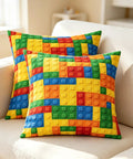 Set Of 2 Reversible Throw Pillow Covers With Color Building Blocks Toy Brick Print, 18x18 Inches, Zipper Closure, Soft 100 Percent Polyester, Cozy Living Room Decor For Home And Kids Rooms, Machine Washable Cushion Covers on beige sofa